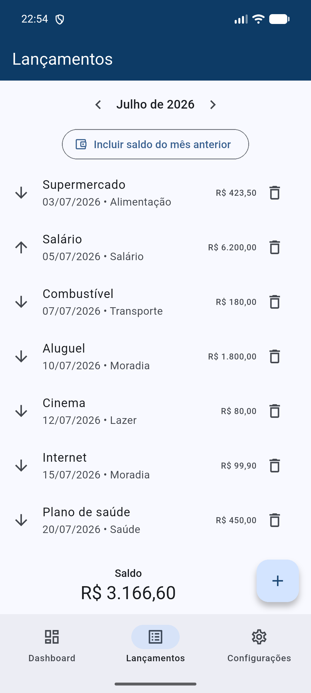 Tela de lançamentos do GMV Controle de Contas com lista de despesas e receitas do mês